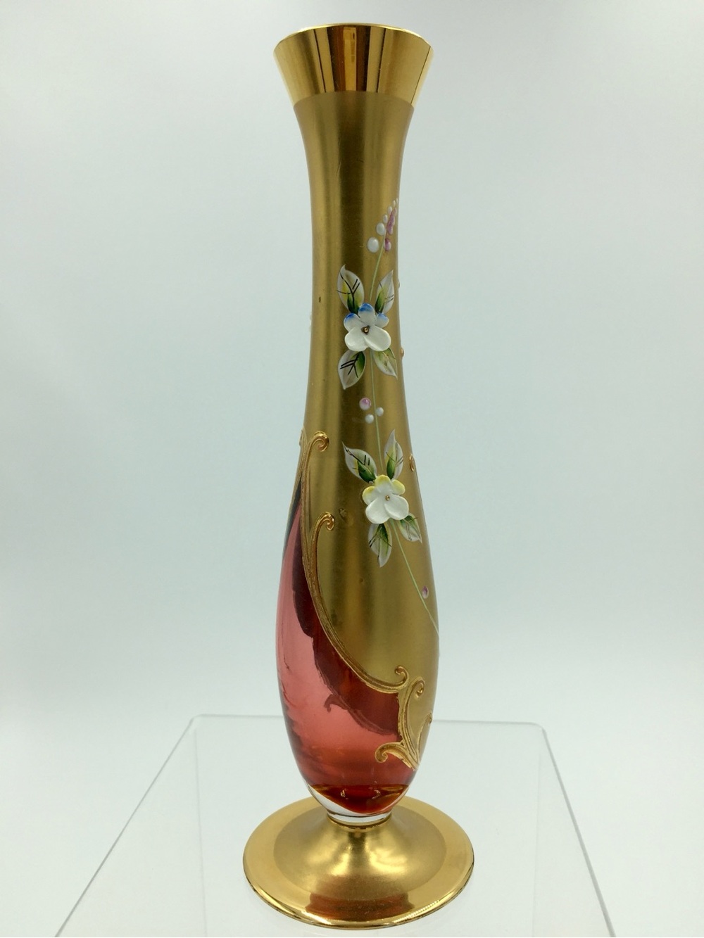 Vintage Czech Bohemian Lead Crystal 24K Gold Gilt Hand-Painted Art Glass Vase